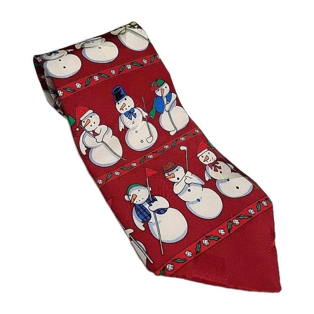 Louis Feraud Italian‎ Silk Tie Snowman Golfing Christmas Novelty Holiday 57" Red